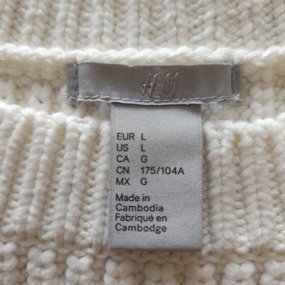 H&M Sweater Large Ivory Knitted Ribbed Chunky Cotton Preppy Cozy Beach - Picture 6 of 8